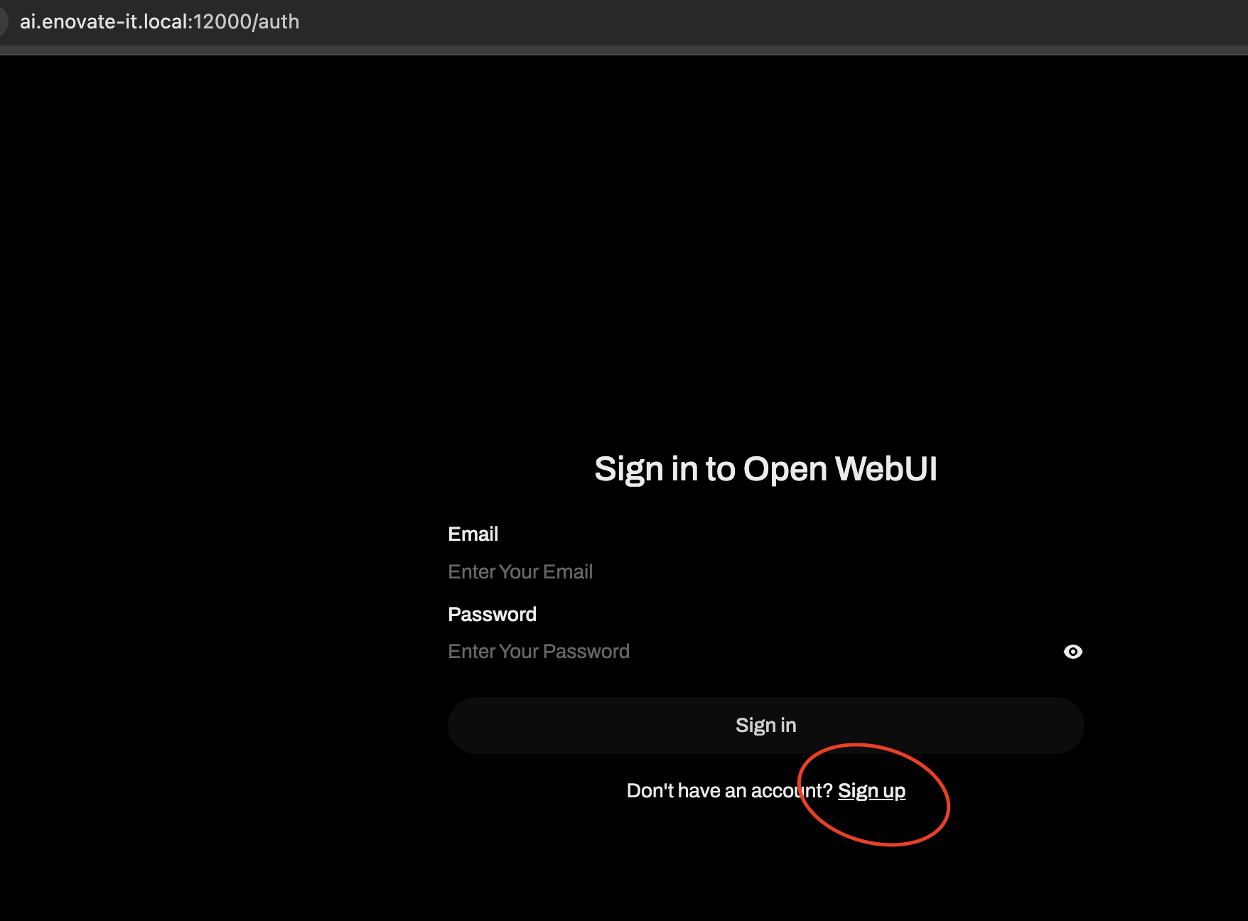 Open WebUI sign-in screen with the Sign up link highlighted