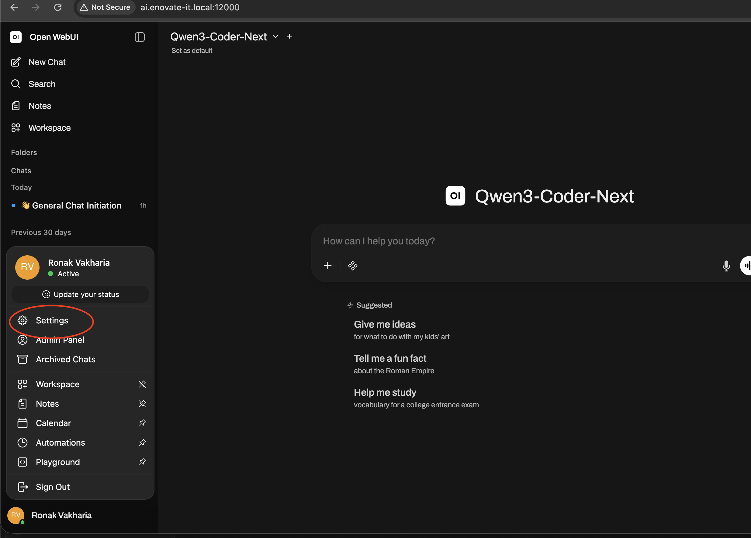 Open WebUI sidebar showing the Settings menu item highlighted